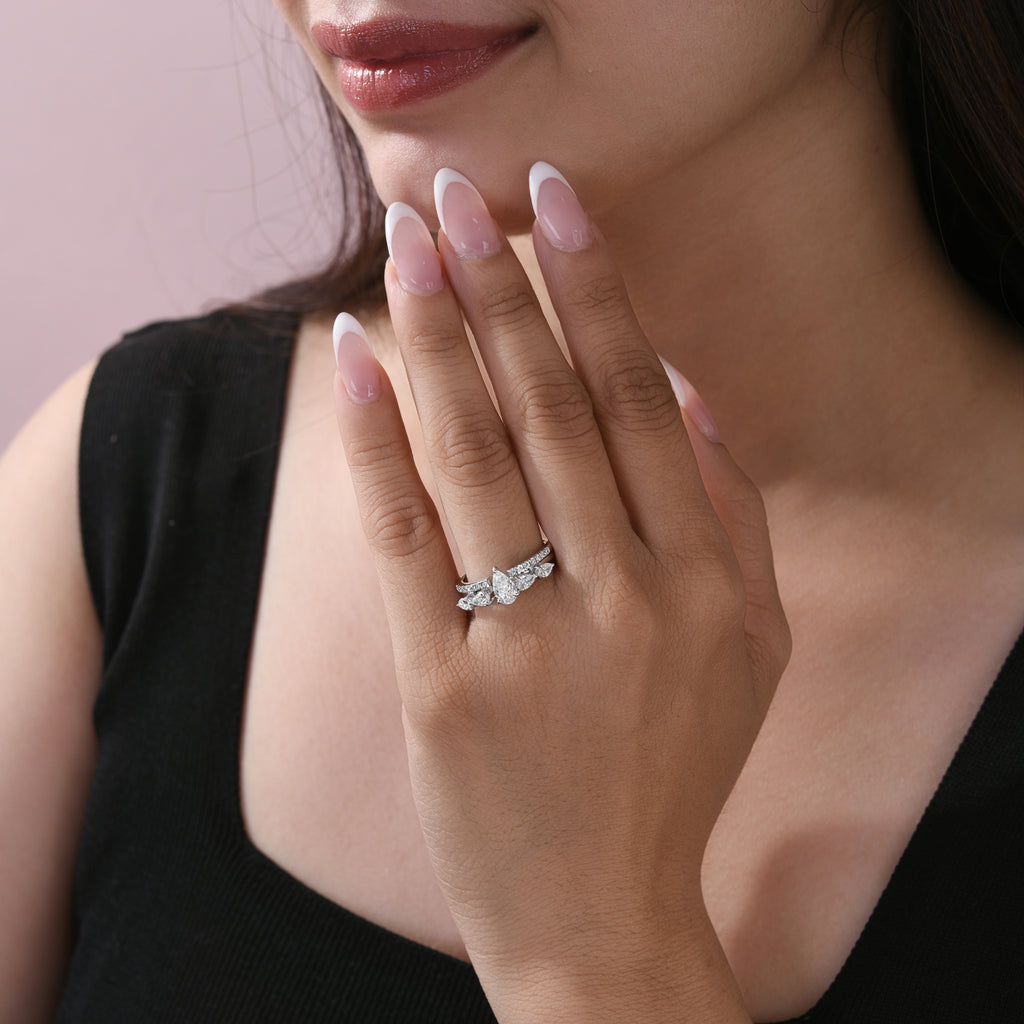 Natural Pear Diamond Side Stone Engagement Ring & Pave Band Set