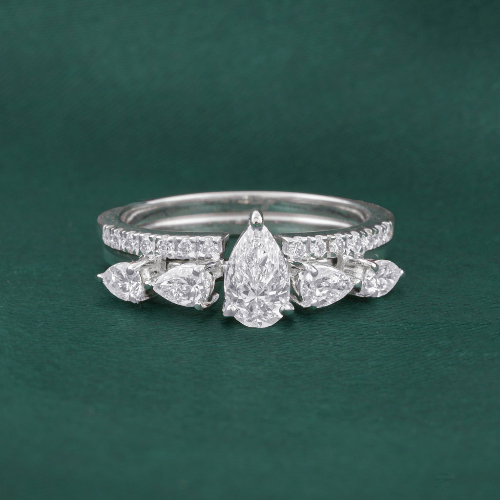 Natural Pear Diamond Side Stone Engagement Ring & Pave Band Set