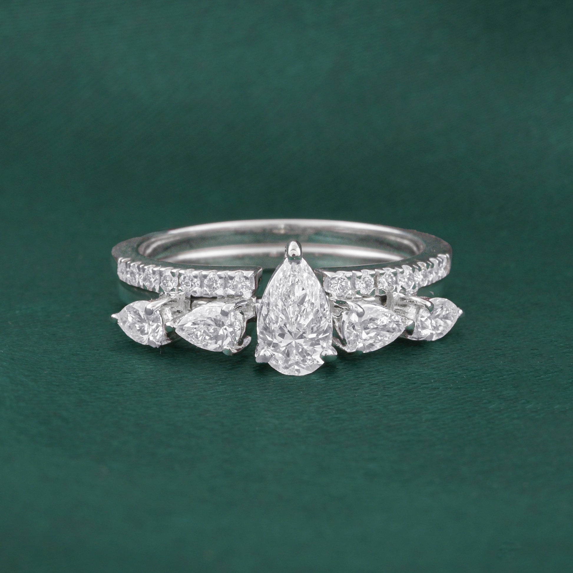Natural Pear Diamond Side Stone Engagement Ring & Pave Band Set