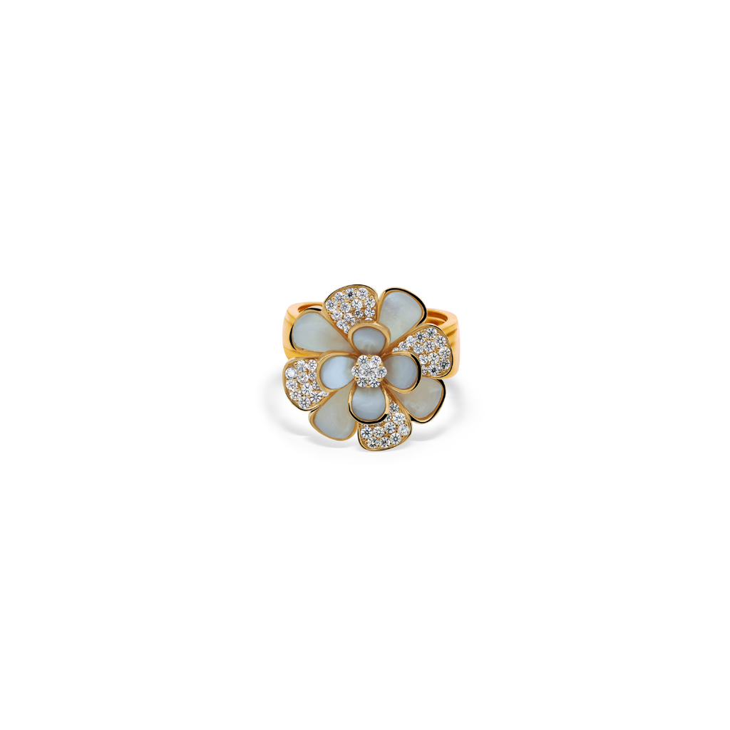 Natural Diamond & Mother of Pearl Flower Statement Fine Gold Ring