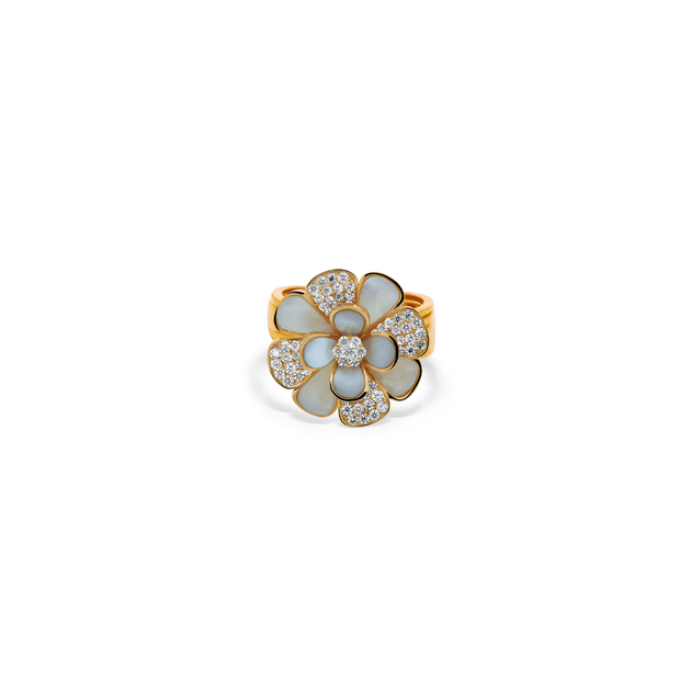 Natural Diamond Mother of Pearl Flower Statement Fine Gold Ring