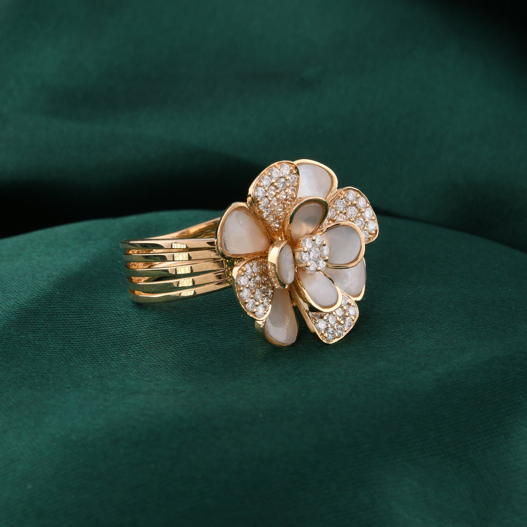 Natural Diamond & Mother of Pearl Flower Statement Fine Gold Ring