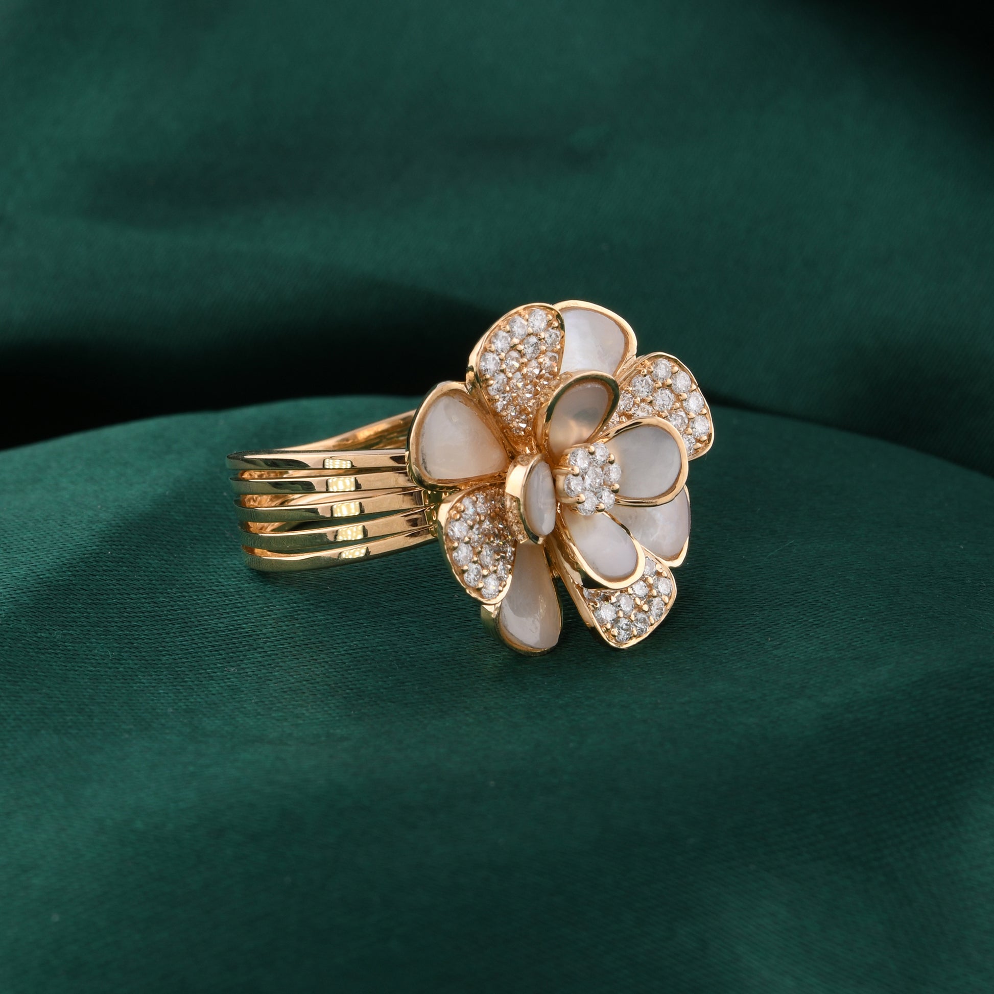 Natural Diamond & Mother of Pearl Flower Statement Fine Gold Ring