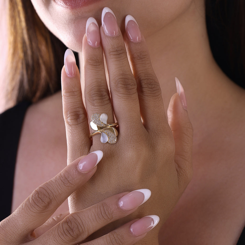 Unique Mother of Pearl and Micro Pave Diamond Curved Petal Gold Ring
