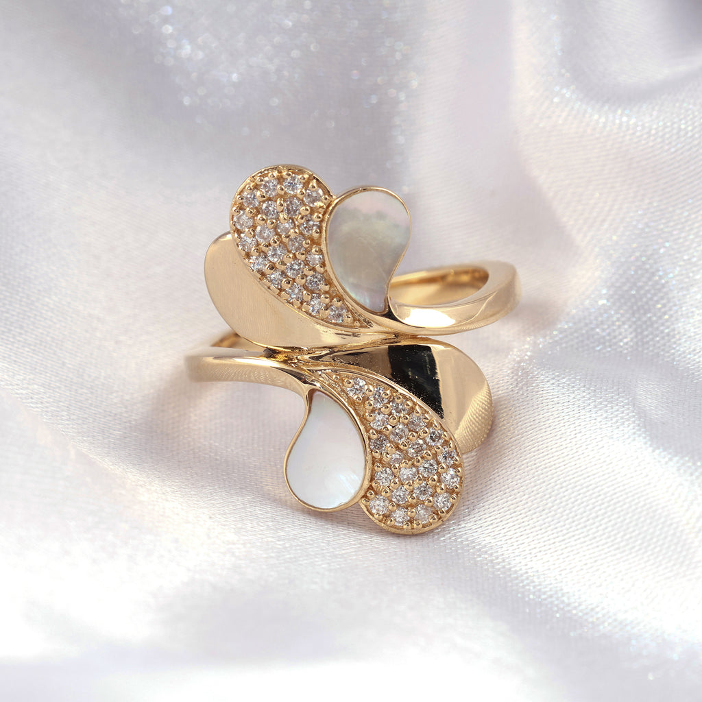 Unique Mother of Pearl and Micro Pave Diamond Curved Petal Gold Ring