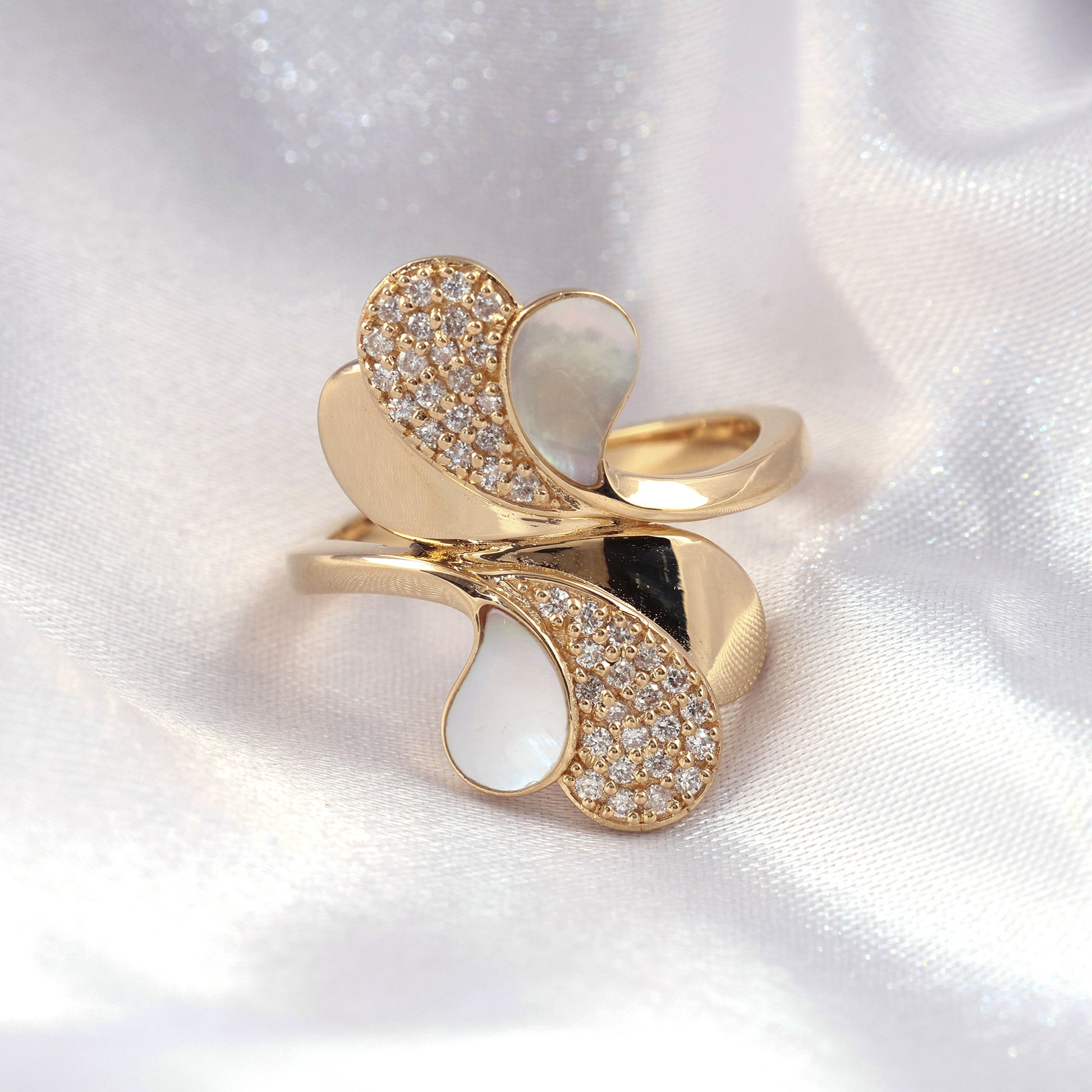 Unique Mother of Pearl and Micro Pave Diamond Curved Petal Gold Ring