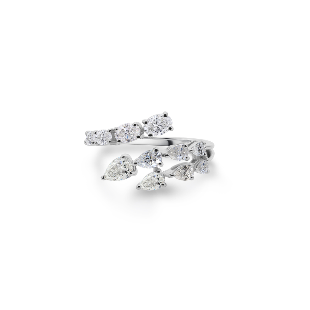 Pear Oval Cut Diamond Open Bypass Ring in Fine Gold