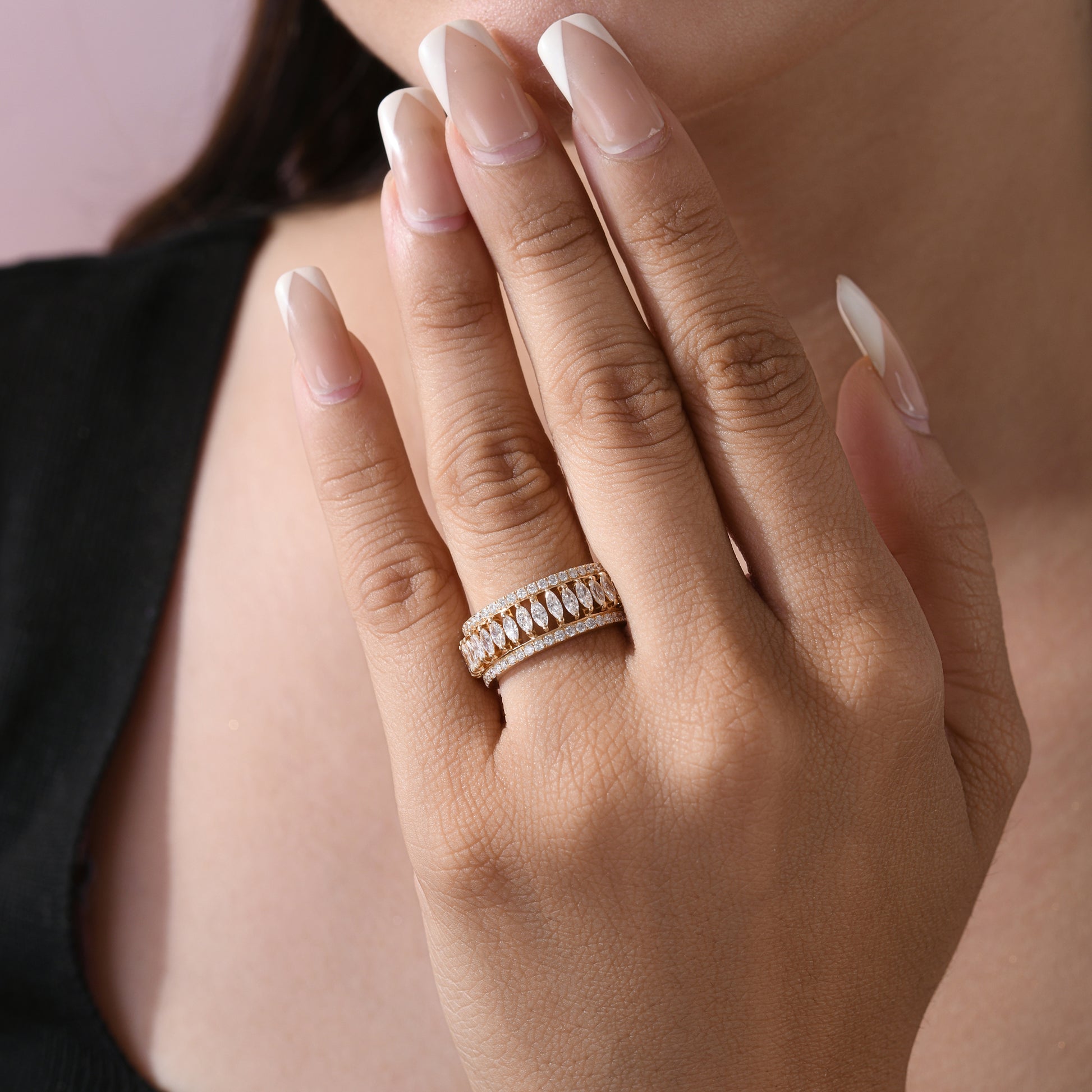 Statement Full Eternity Marquise Diamond Wide Band Ring in Fine Gold