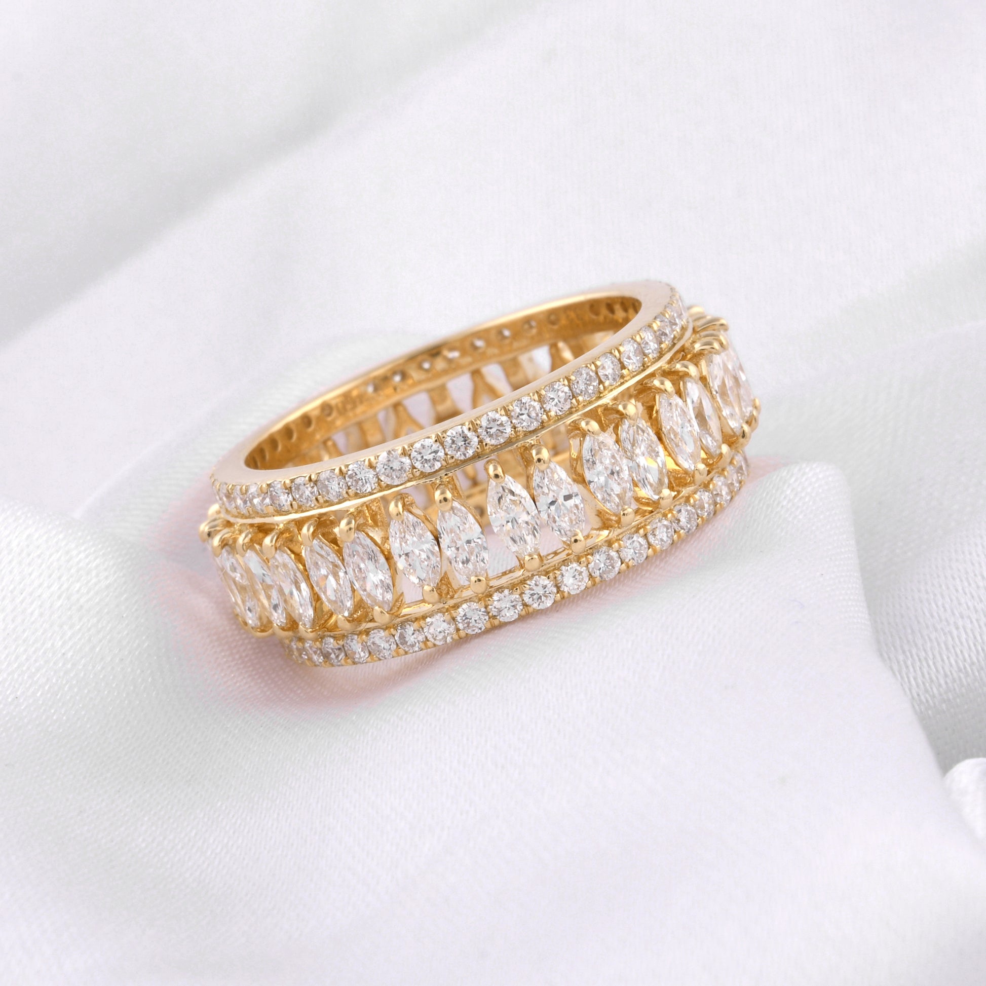 Statement Full Eternity Marquise Diamond Wide Band Ring in Fine Gold