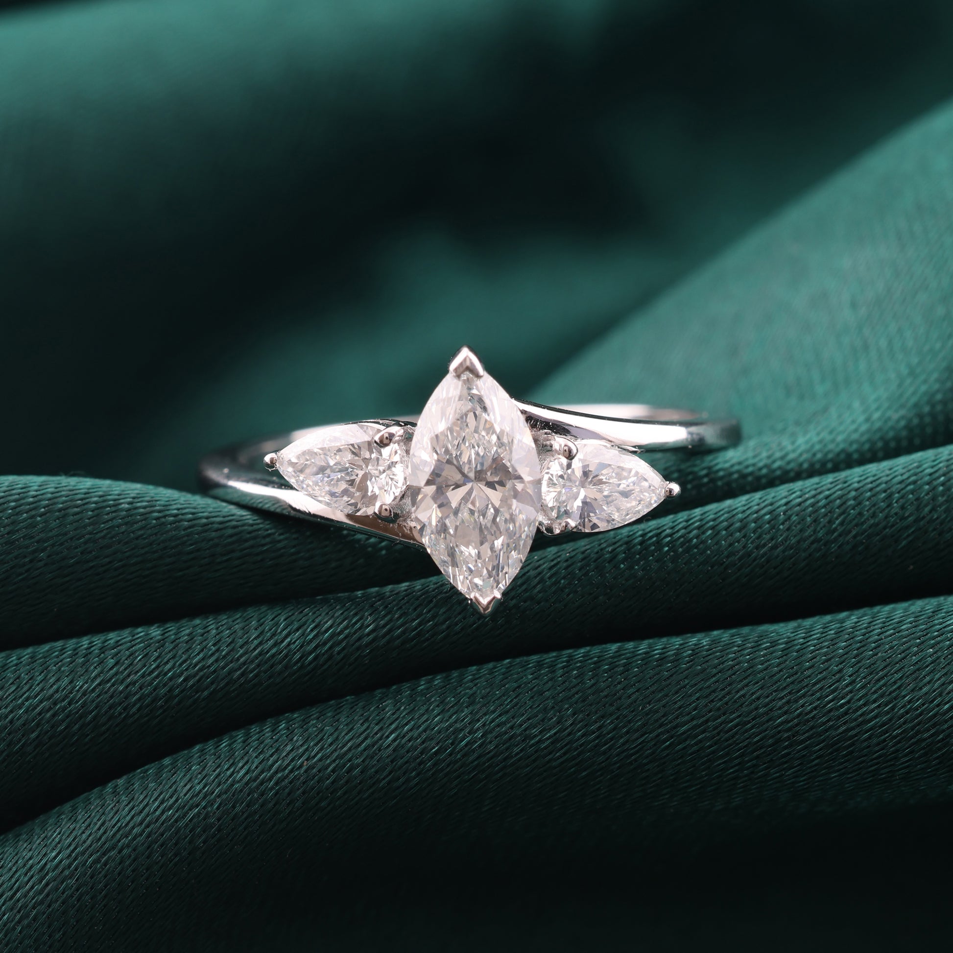 Three Stone Marquise Pear Cut Natural Diamond Ring in Fine Gold