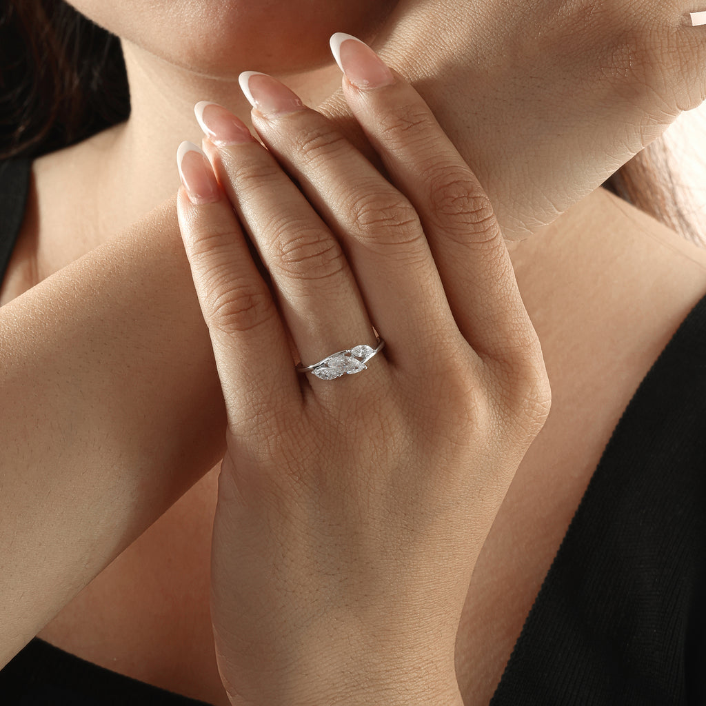 Delicate Marquise Natural Diamond Cluster Leaf Fine Gold Ring