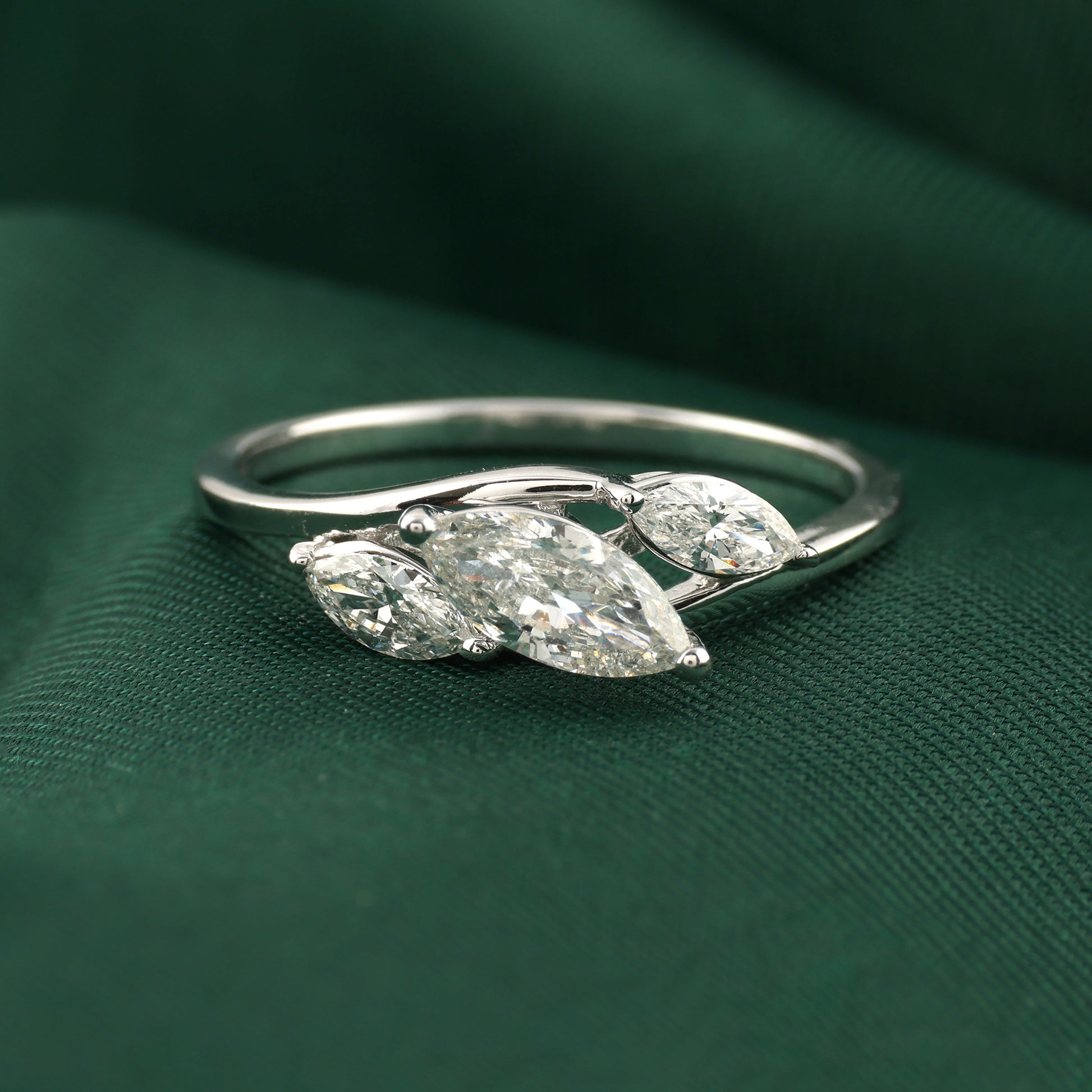 Delicate Marquise Natural Diamond Cluster Leaf Fine Gold Ring