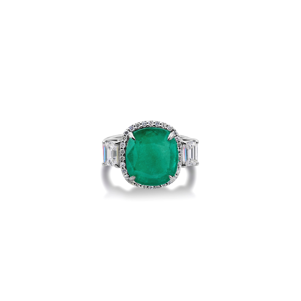 Cushion Cut Natural Zambian Emerald & Diamond Halo Cocktail Ring