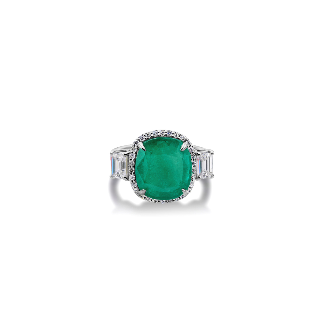 Cushion Cut Natural Zambian Emerald & Diamond Halo Cocktail Ring