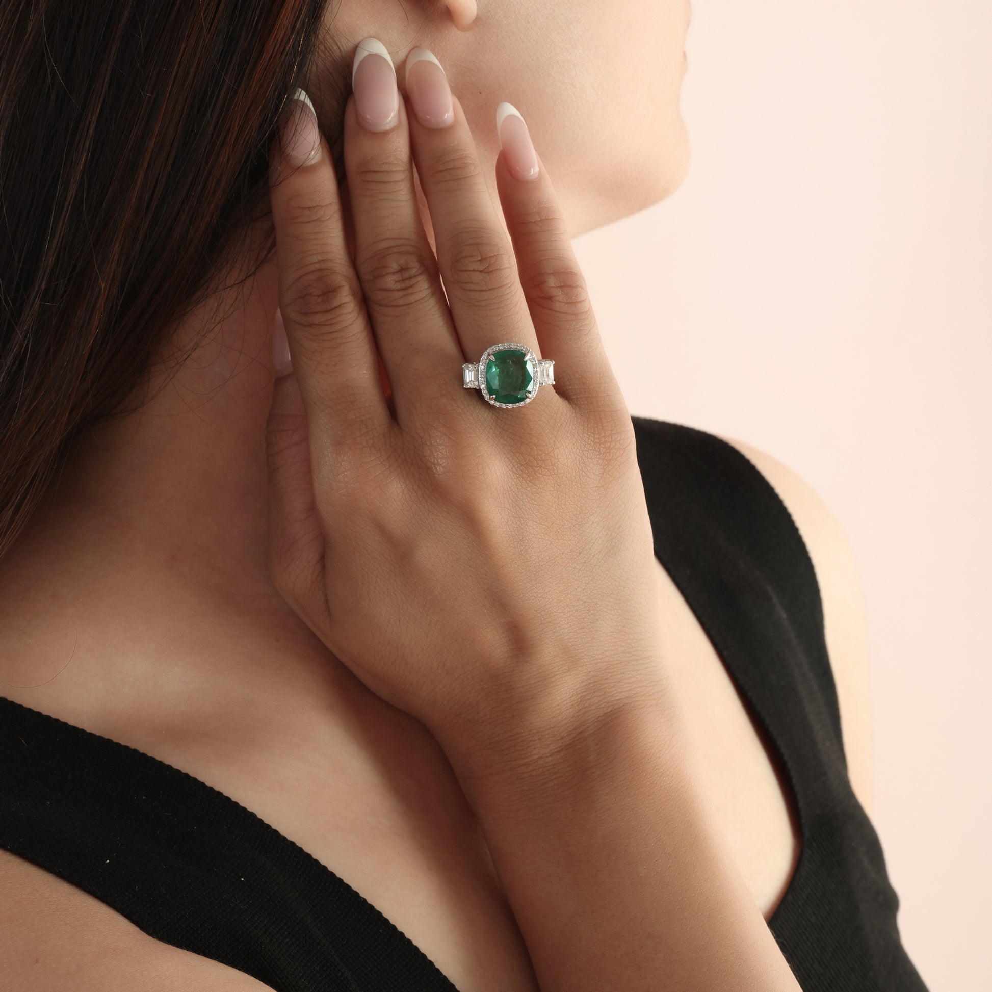 Cushion Cut Natural Zambian Emerald & Diamond Halo Cocktail Ring