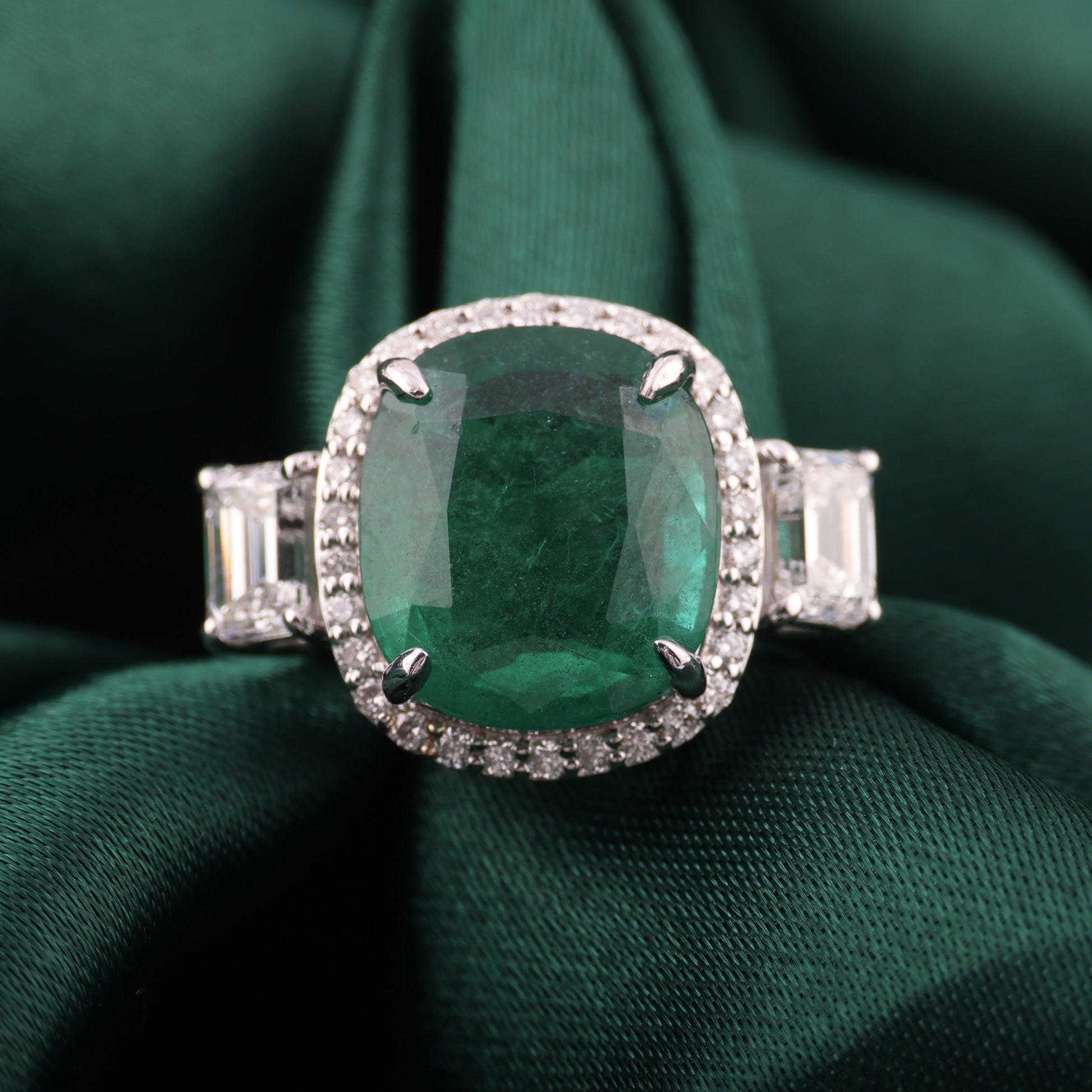Cushion Cut Natural Zambian Emerald & Diamond Halo Cocktail Ring