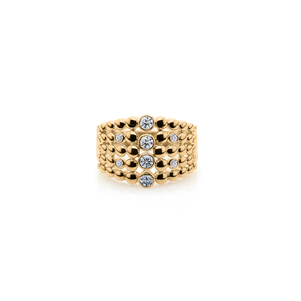 Statement Multi Layer Natural Round Diamond Beaded Ring in Solid Gold