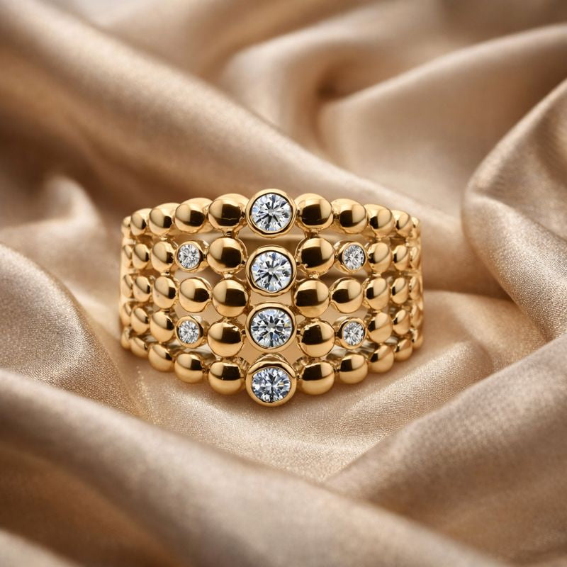 Statement Multi Layer Natural Round Diamond Beaded Ring in Solid Gold
