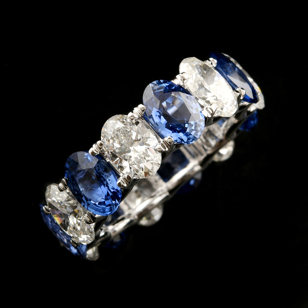 Eternity Oval Cut Blue Sapphire & Diamond Band Ring in Fine Gold