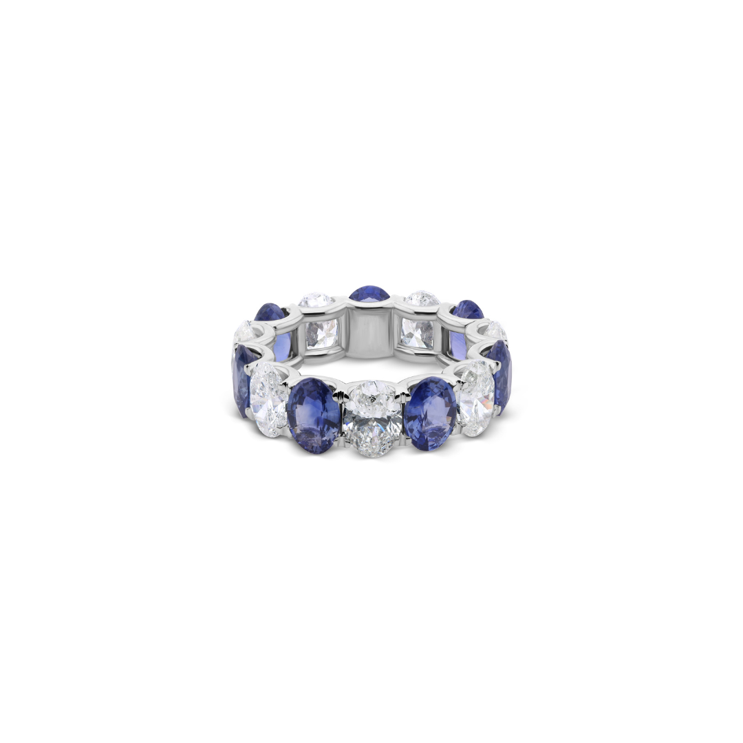 Eternity Oval Cut Blue Sapphire & Diamond Band Ring in Fine Gold