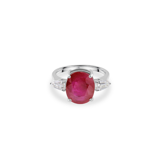 Natural Oval Ruby Gemstone Three Stone Ring with Diamond Accents