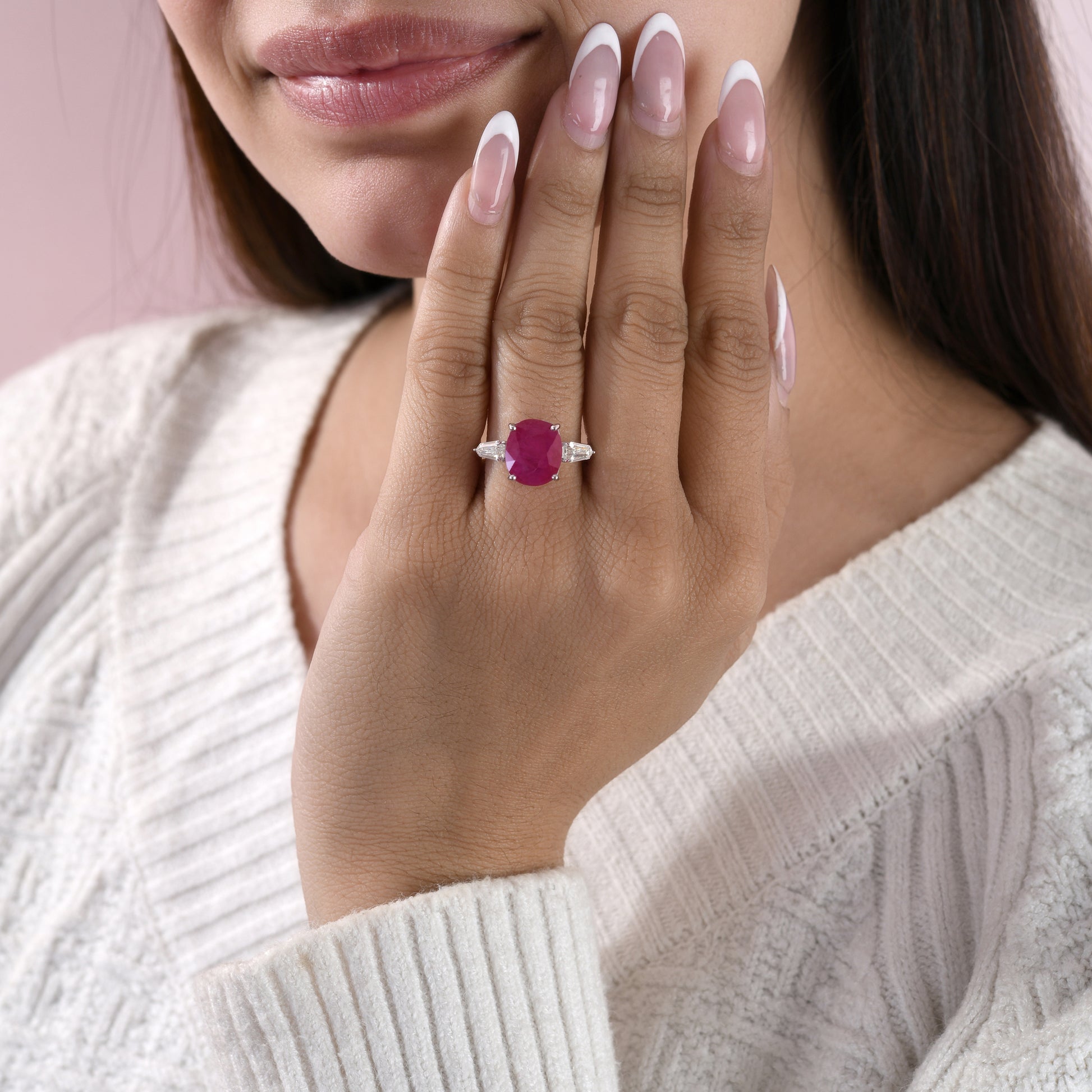 Oval Ruby Three Stone Ring 14K Gold Diamond Sides