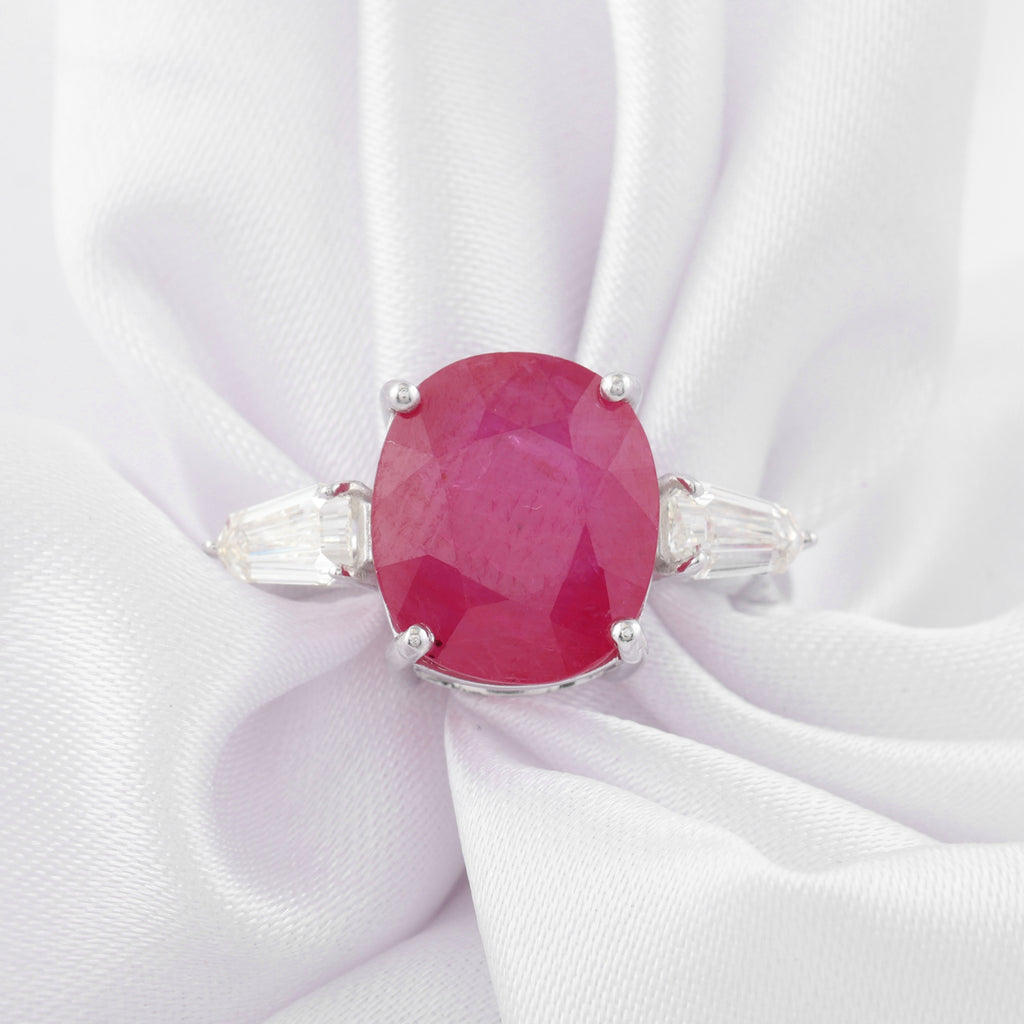Oval Ruby Three Stone Ring 14K Gold Diamond Sides