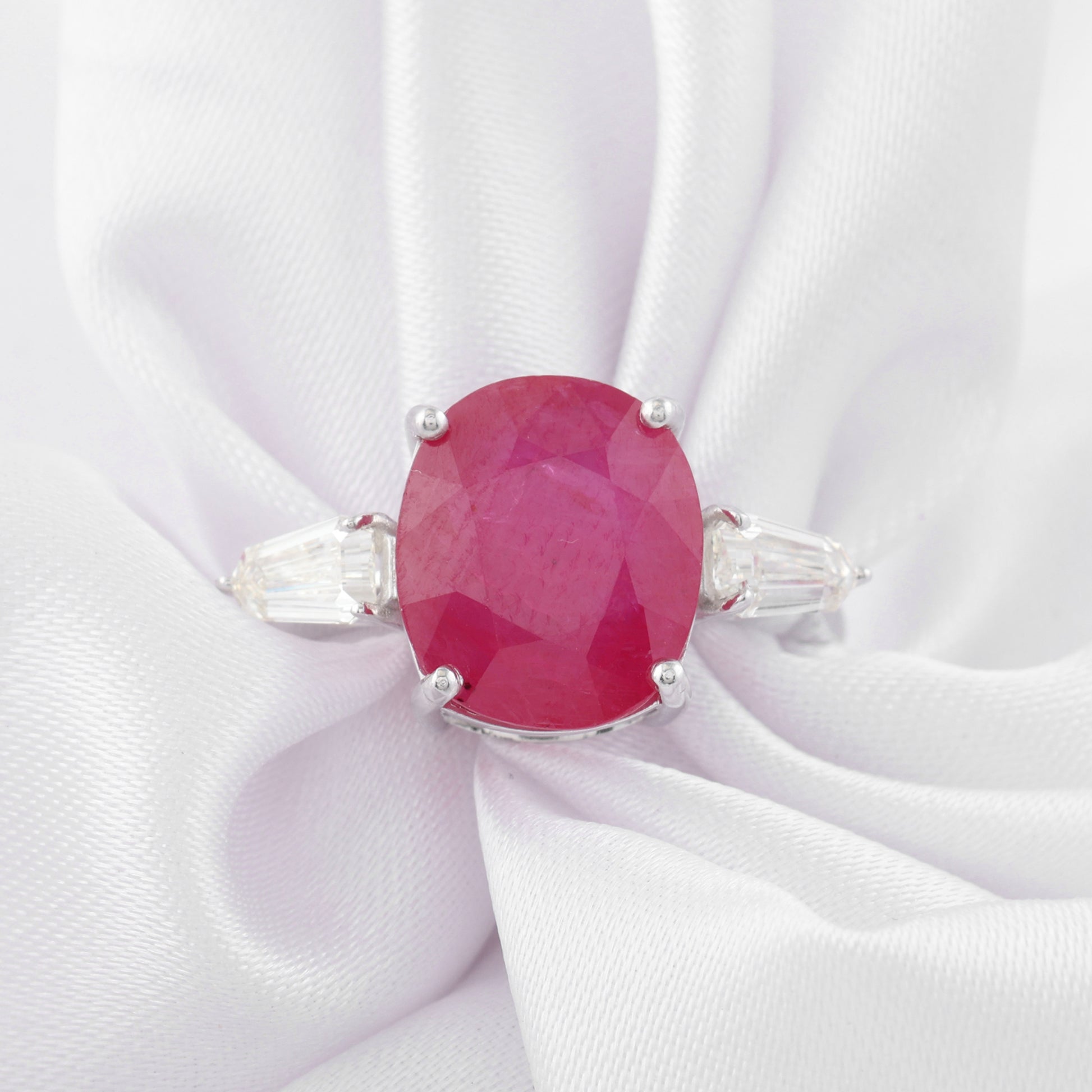 Oval Ruby Three Stone Ring 14K Gold Diamond Sides