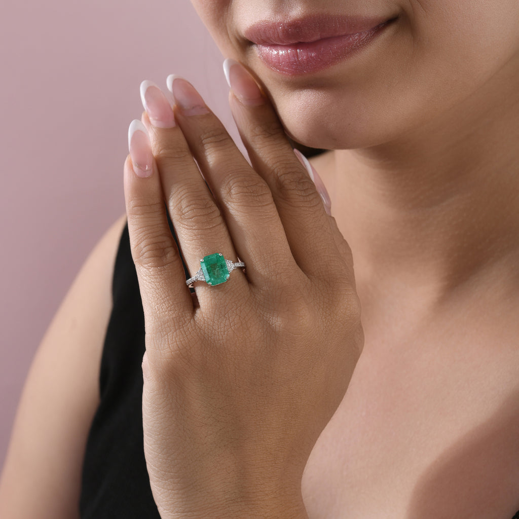 Zambian Natural Emerald Pave Diamond Engagement Ring