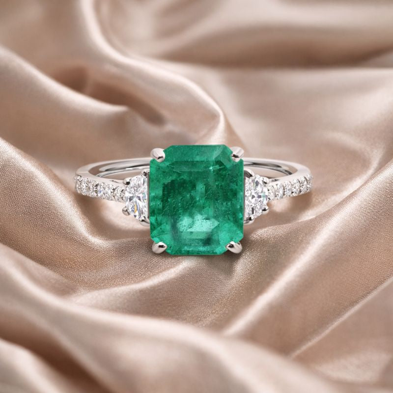Zambian Natural Emerald Pave Diamond Engagement Ring certified natural Zambian emerald engagement ring with pave diamond setting