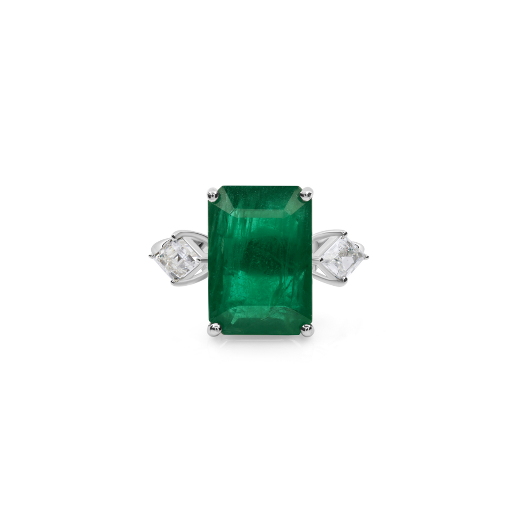 Statement Zambian Emerald Fine Gold Ring with Diamond Accents