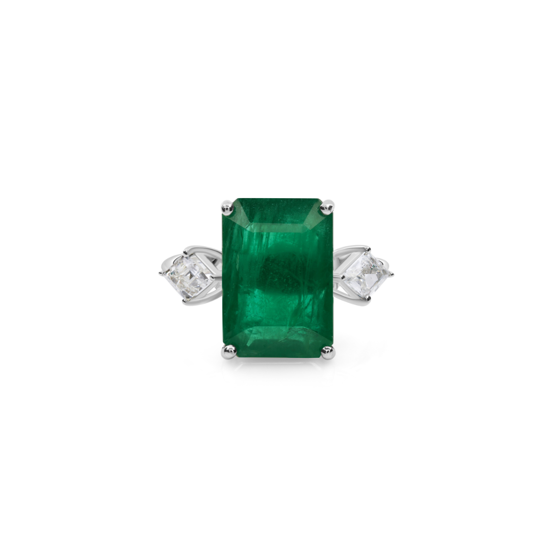 Statement Natural Zambian Emerald Fine Gold Ring with Diamond Side Stones