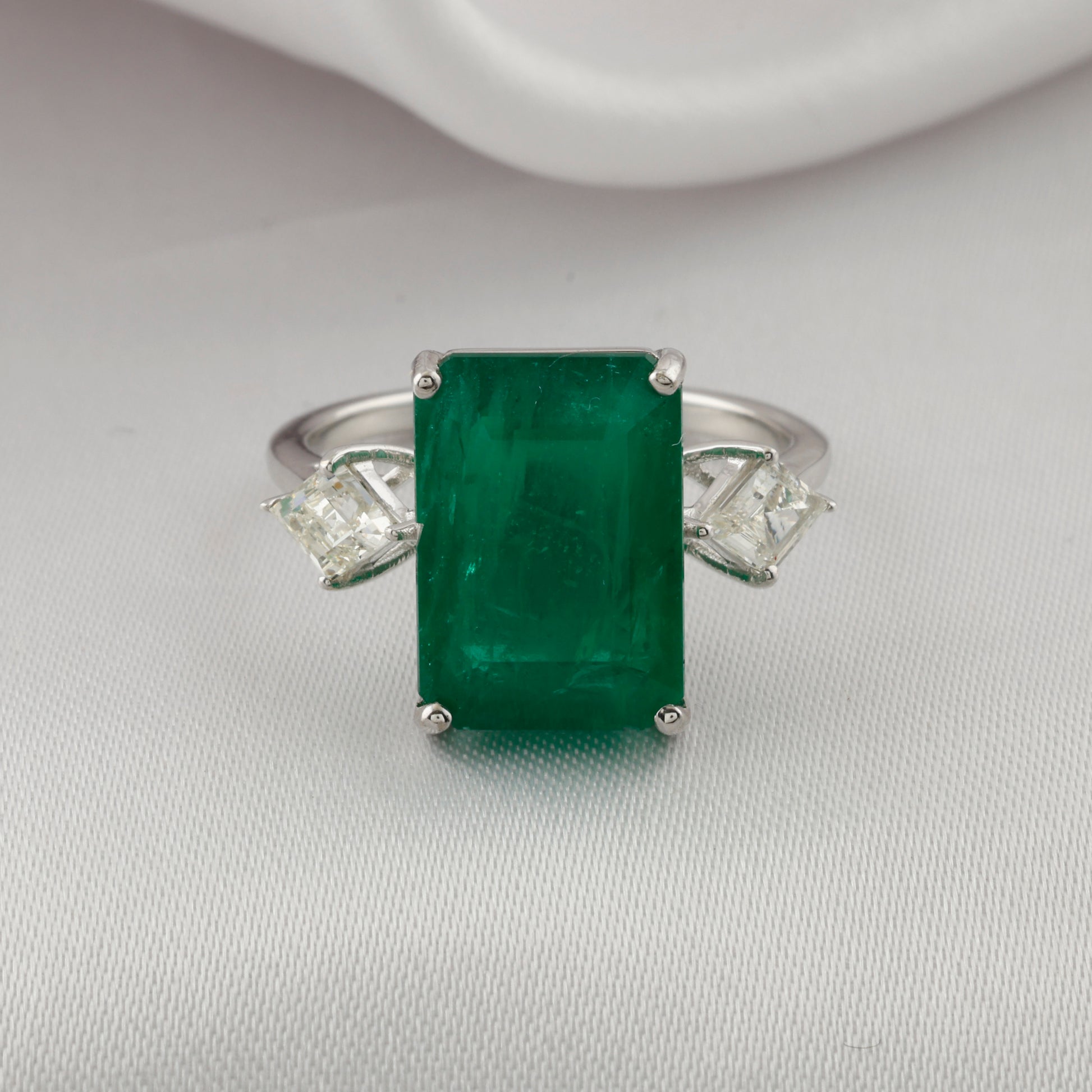 Statement Natural Zambian Emerald Fine Gold Ring with Diamond Side Stones