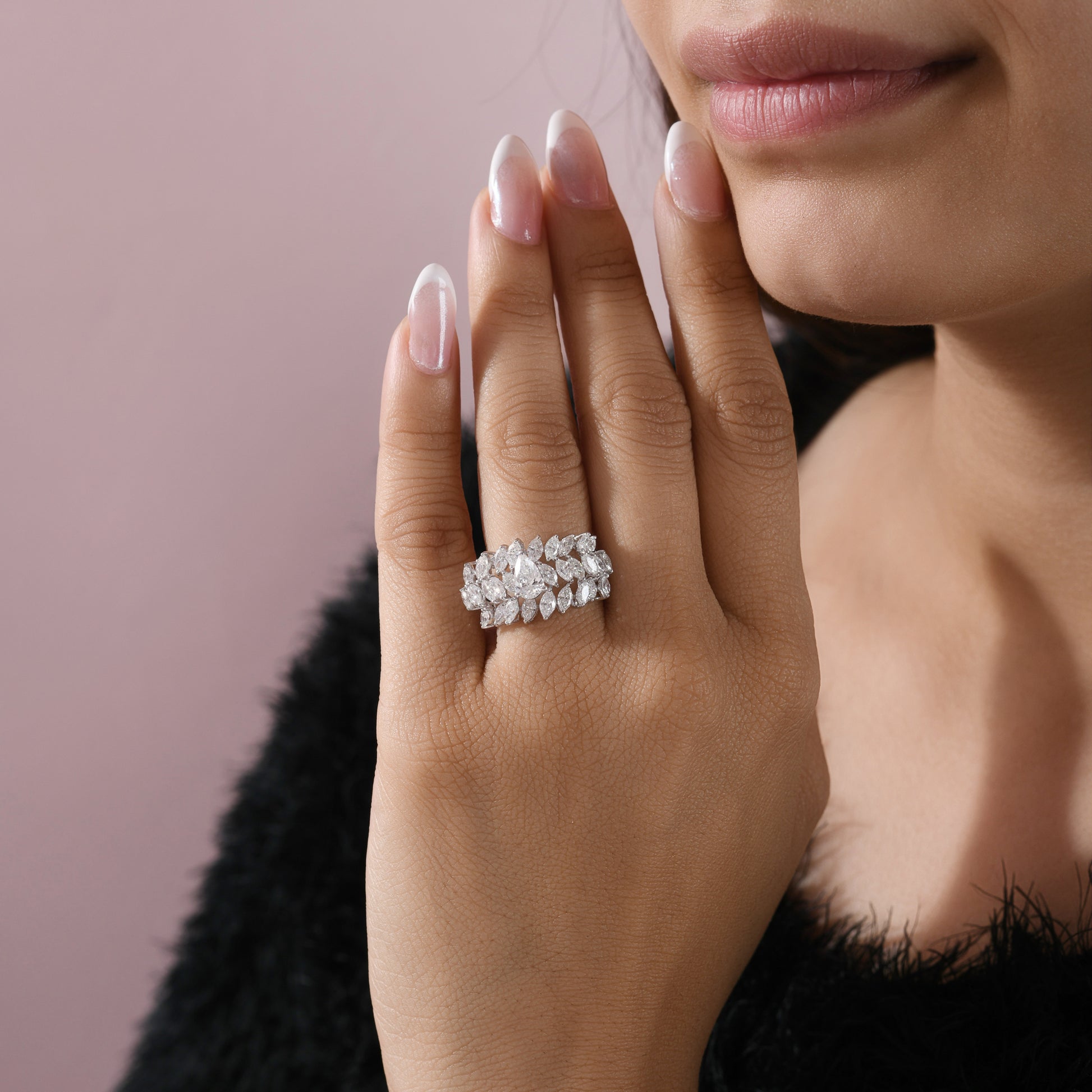 Multi Row Marquise Cut Natural Diamond Wide Statement Ring