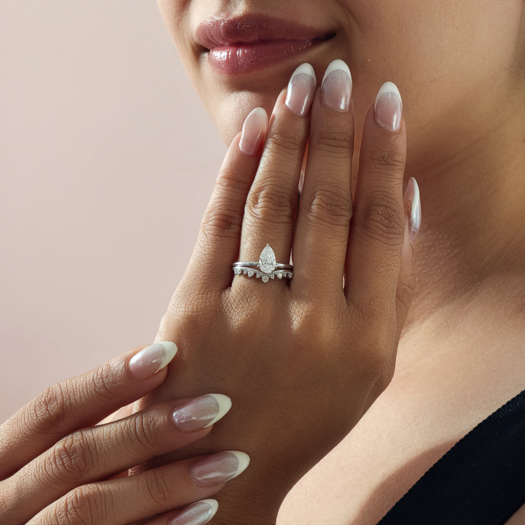 Diamond Engagement Ring Pear Shaped Curved Band Set 14K Gold