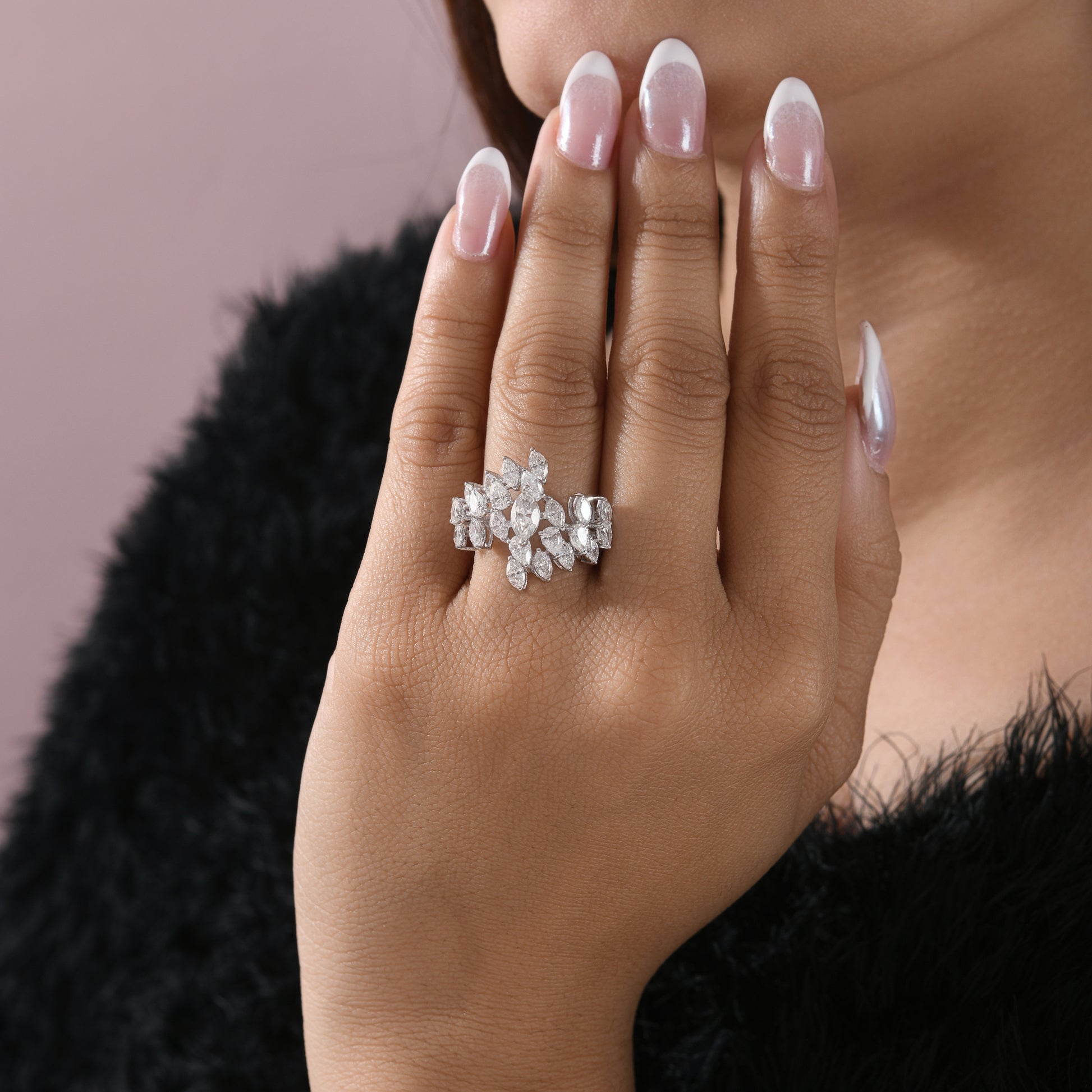 Floral Pear Marquise Natural Diamond Fine Gold Ring