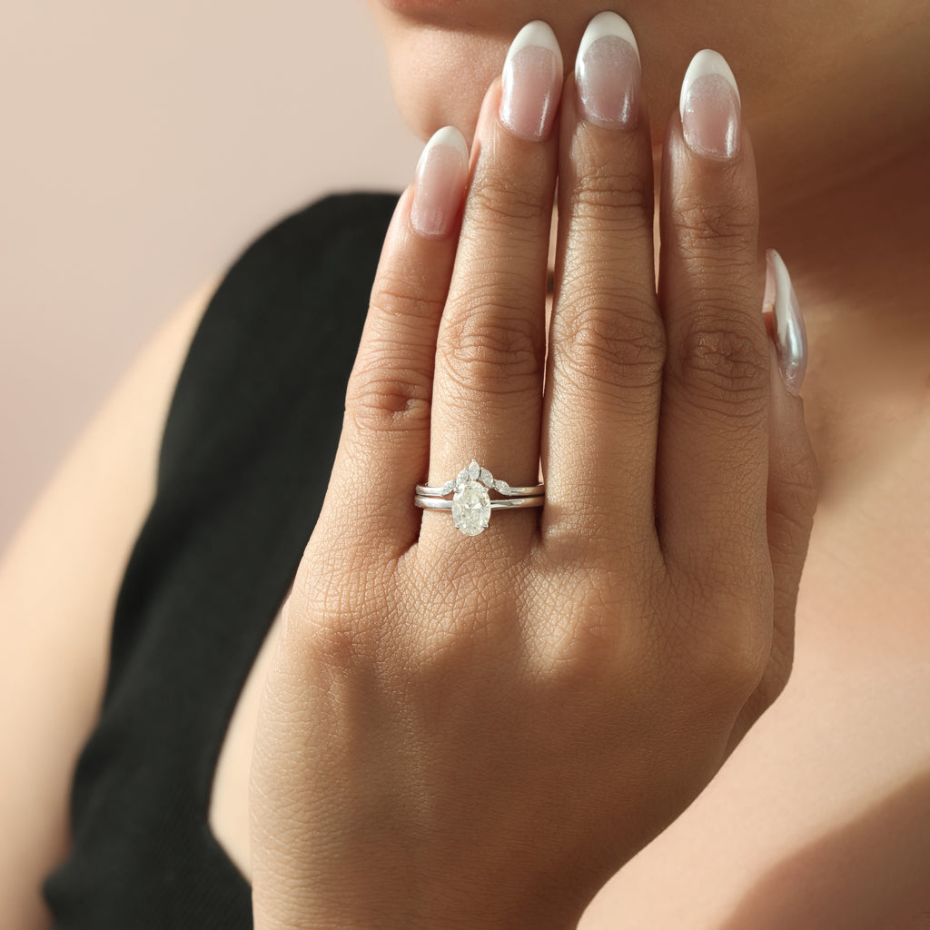 Minimalist Oval Diamond Solitaire Engagement Ring with Marquise Diamond Band