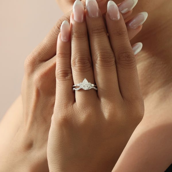 Statement Pear Cut Diamond Engagement Ring with Matching Curved Band