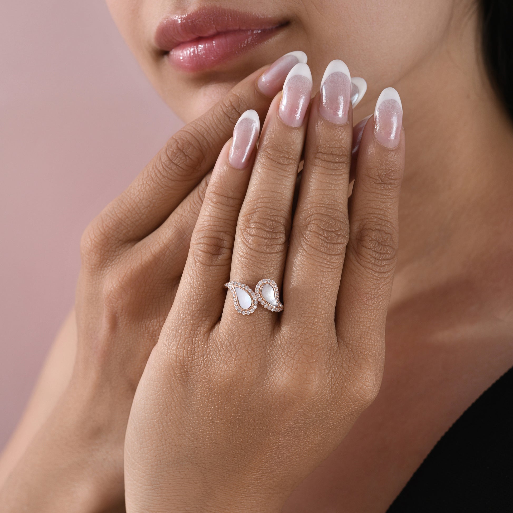 Luxury Double Teardrop Natural Mother of Pearl Diamond Statement Ring