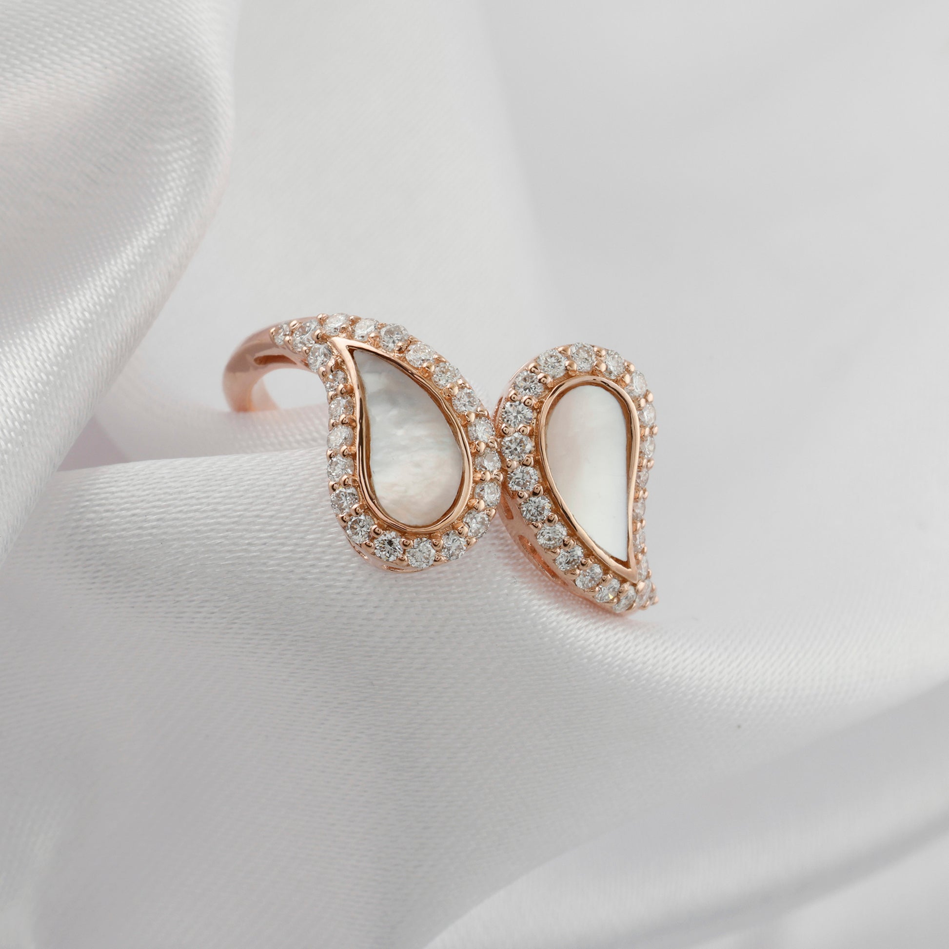 Luxury Double Teardrop Natural Mother of Pearl Diamond Statement Ring