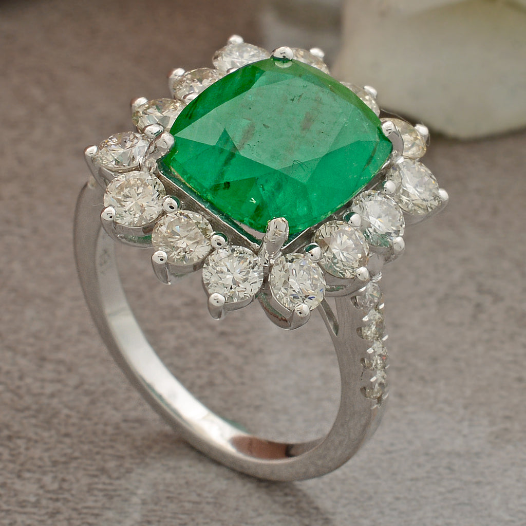 Cushion Cut Natural Emerald & Pave Diamond Halo Ring in Fine Gold