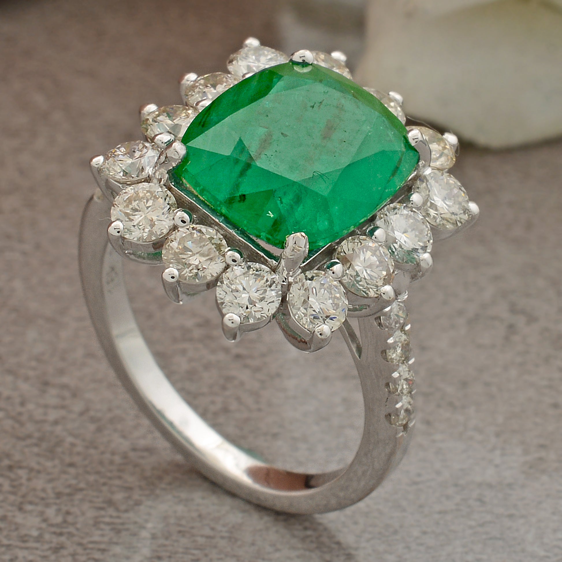 Cushion Cut Natural Emerald & Pave Diamond Halo Ring in Fine Gold