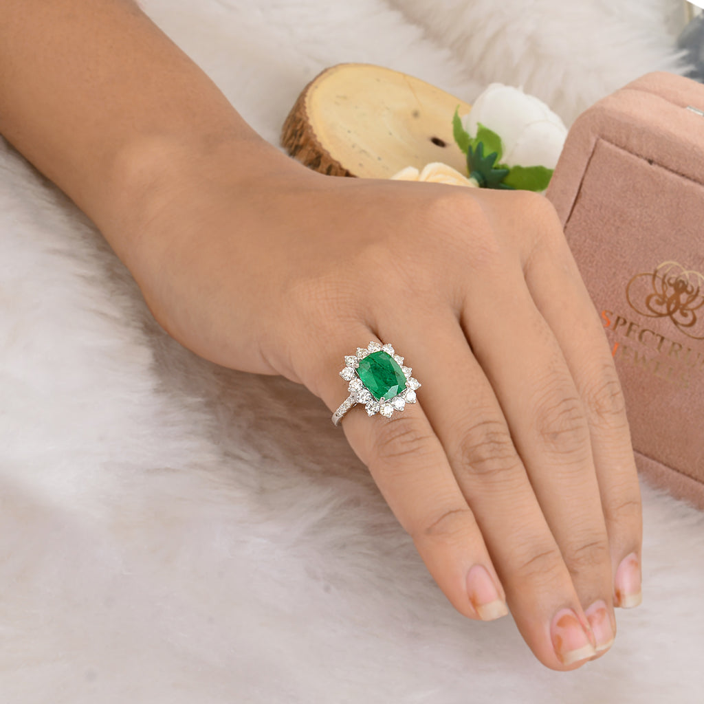 Cushion Cut Natural Emerald & Pave Diamond Halo Ring in Fine Gold