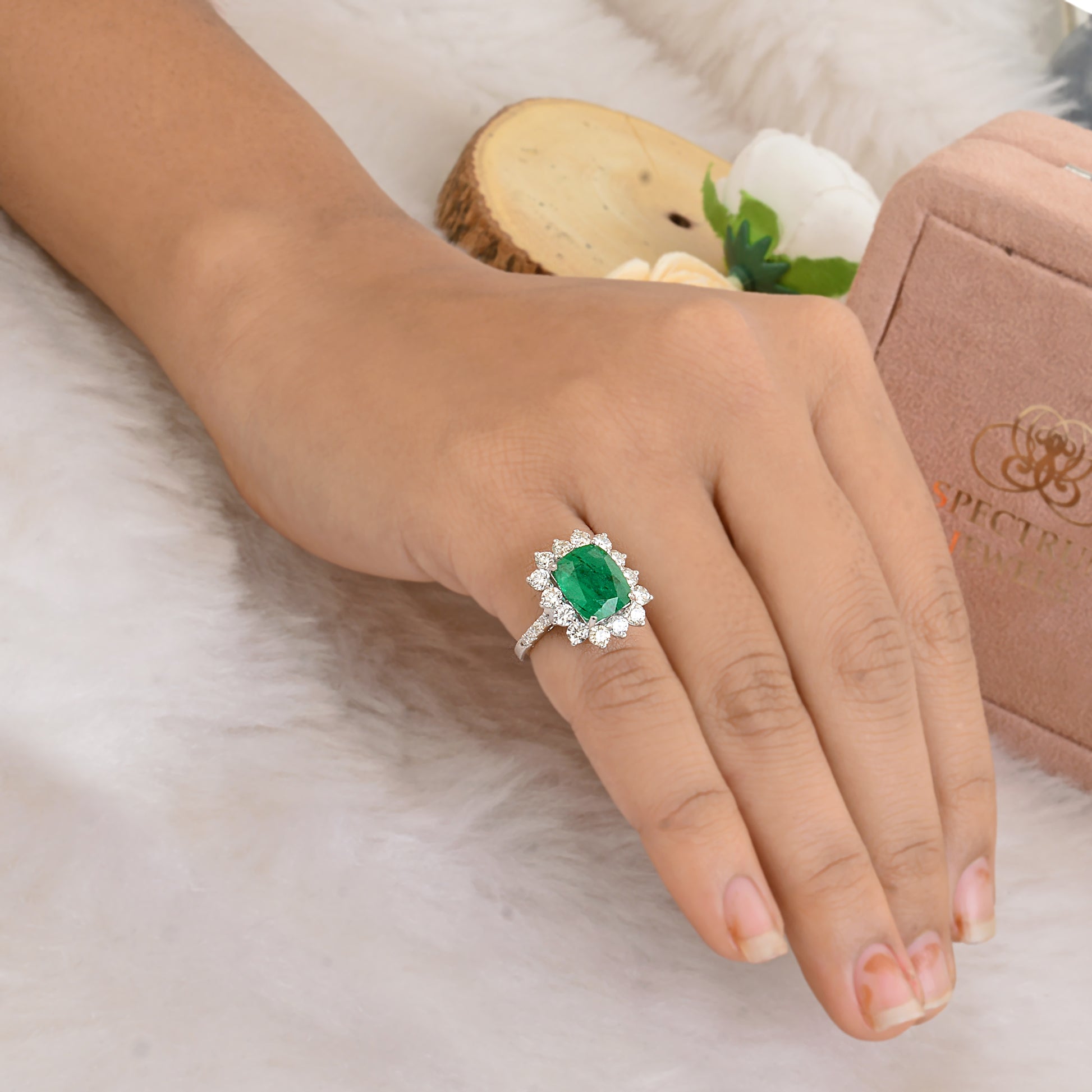 Cushion Cut Natural Emerald & Pave Diamond Halo Ring in Fine Gold