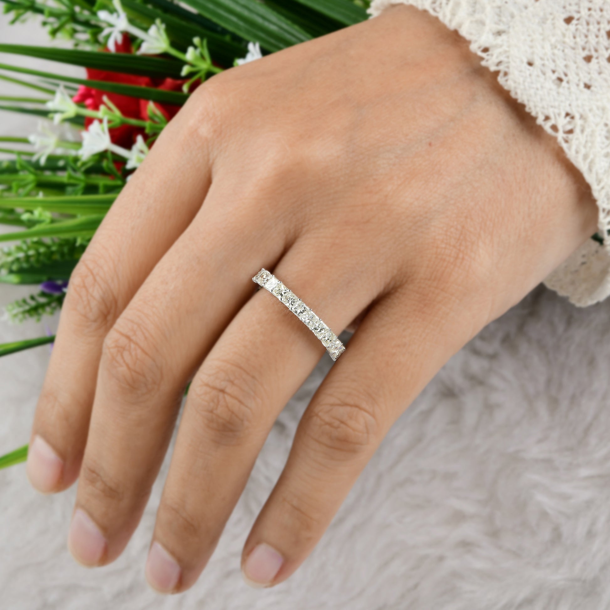 1.21 Ct. Princess Cut Diamond Half Eternity Wedding Gold Band Ring