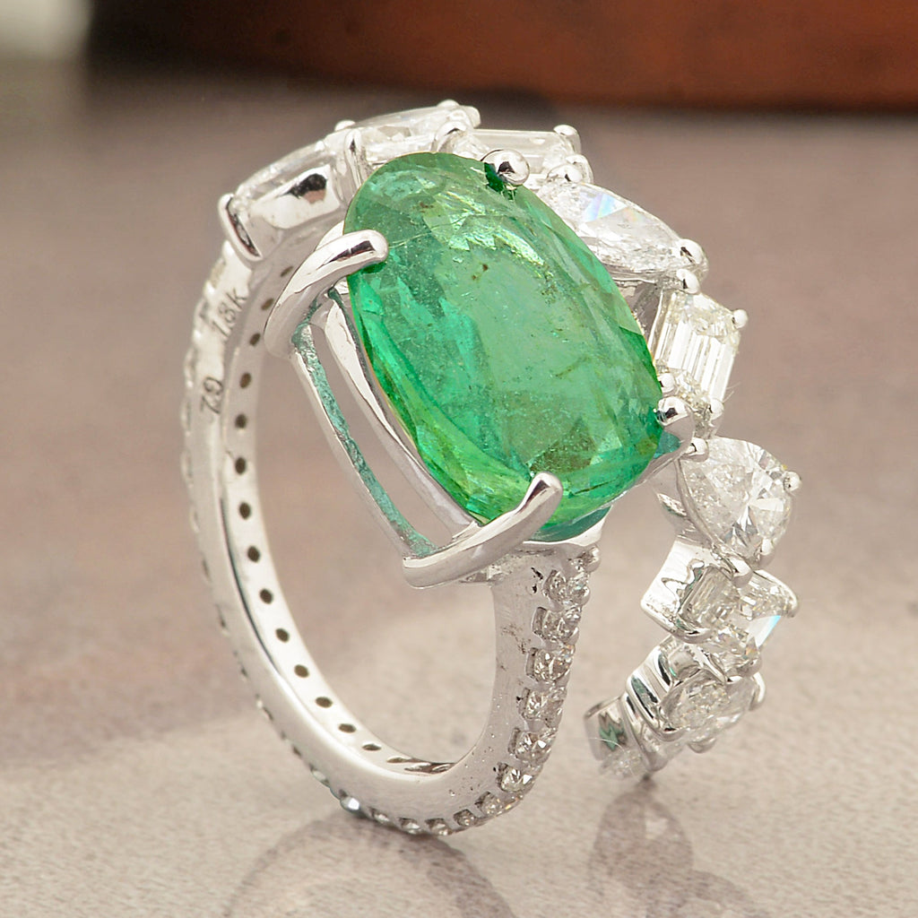 Oval Zambian Emerald Diamond Wrap Cuff Gold Ring