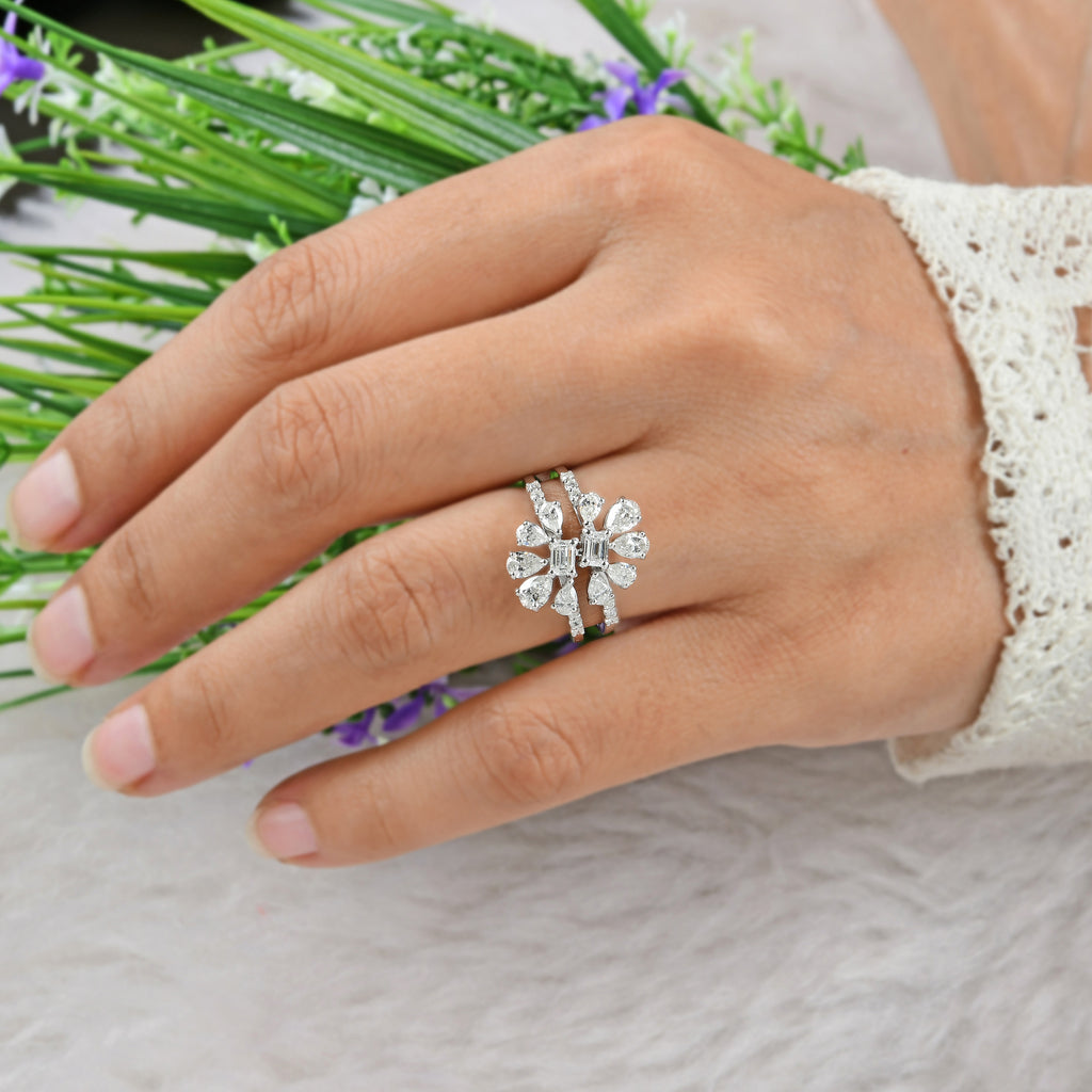 1.65 Ct. Flower Cluster Diamond Double Band Stackable Ring