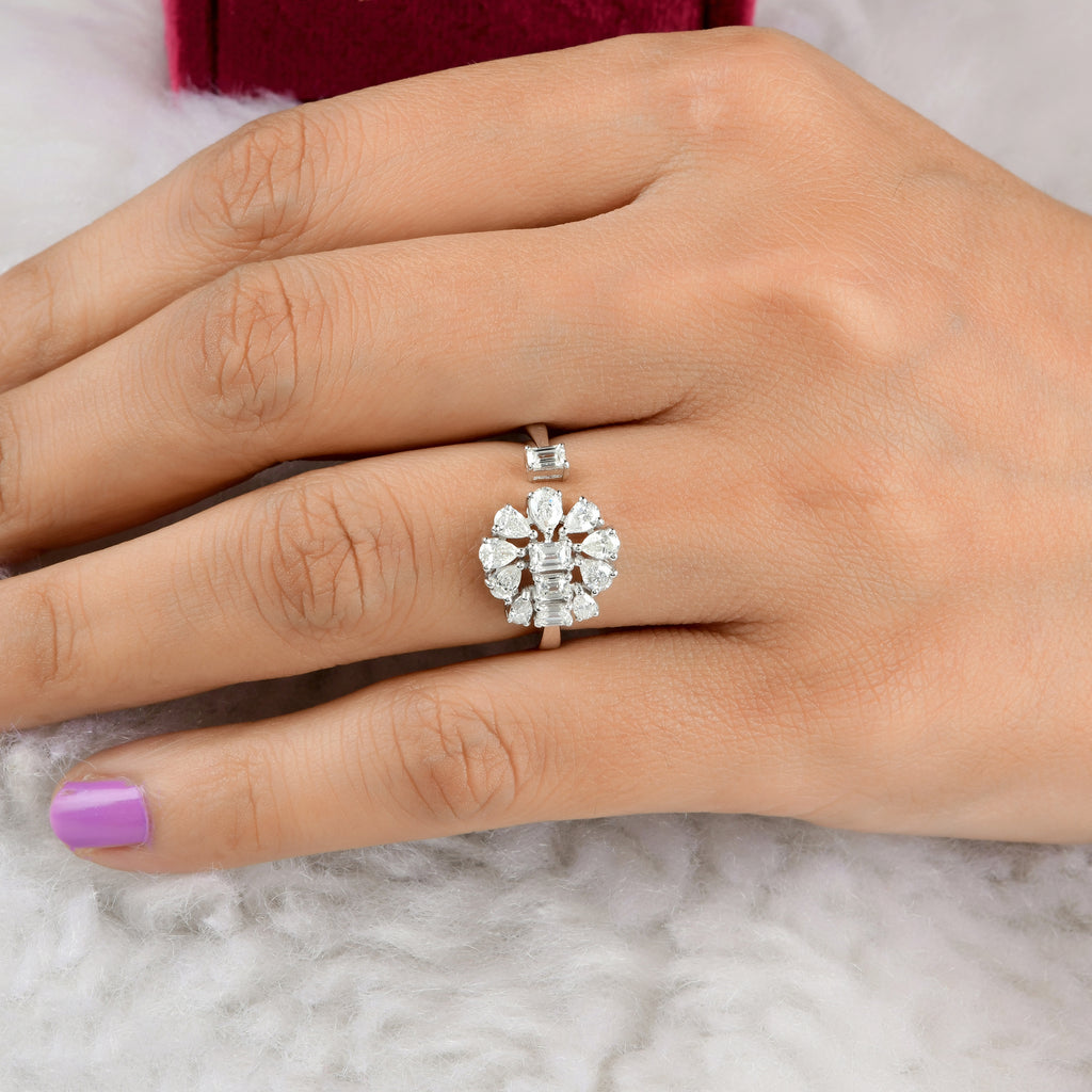 1.10 Ct SI/HI Pear Baguette Diamond Flower Cluster Gold Ring