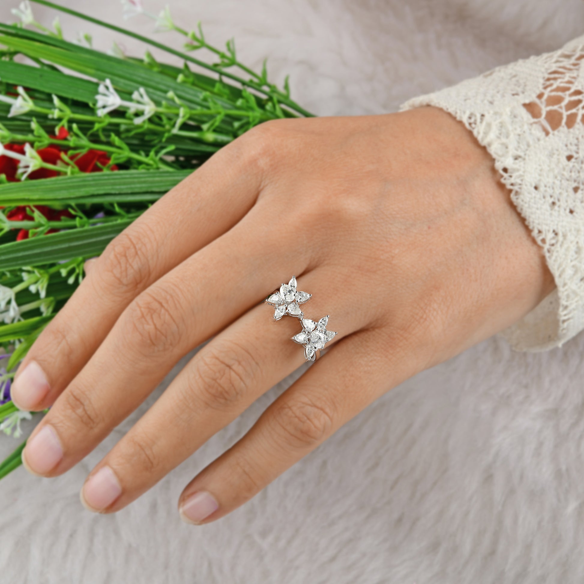 1.06 Ct HI/SI Multi Shape Diamond Flower Cluster Promise Ring For Her