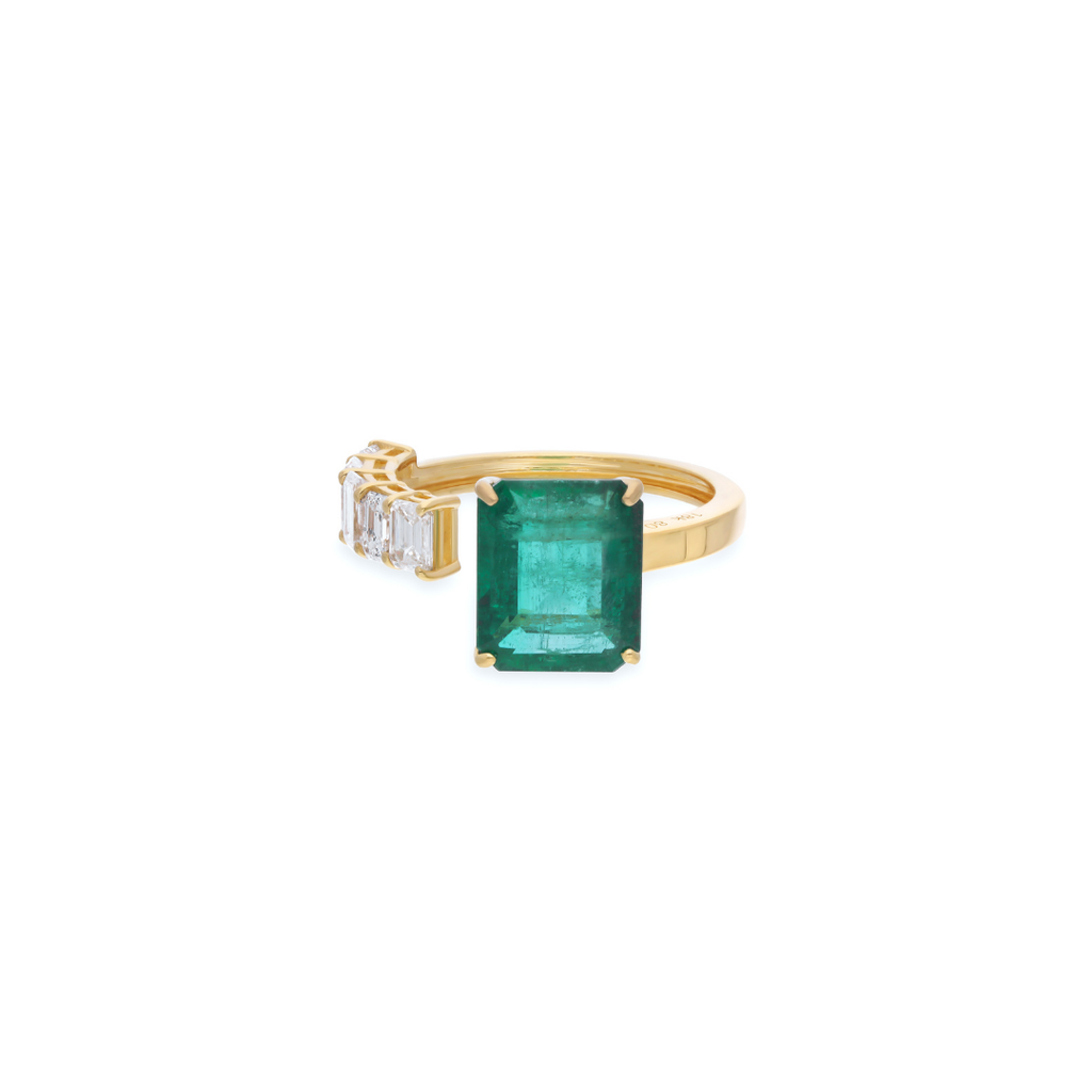 5.44Tcw Natural Zambian Emerald H/SI Diamond Open Cuff Gold Ring Jewelry